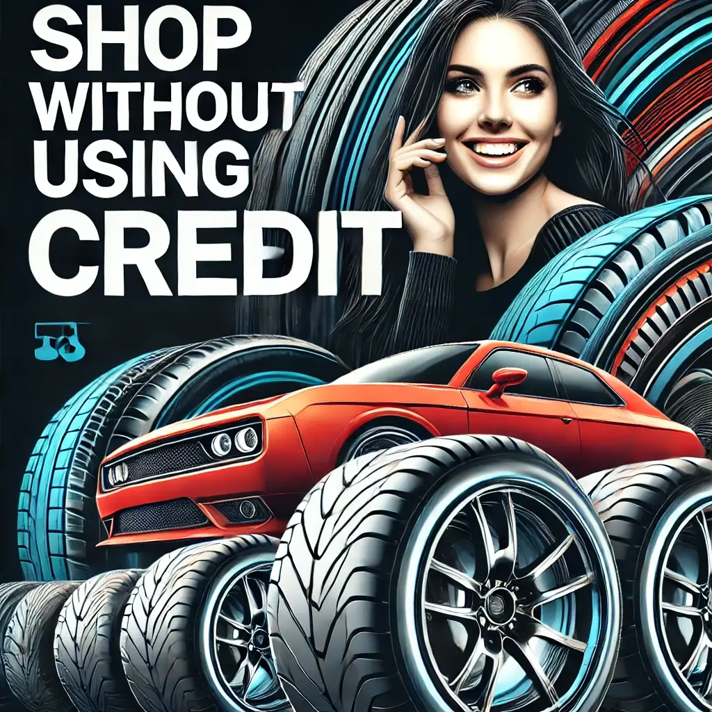 "Mike's Tire advertisement featuring a smiling woman, various tires, and a red sports car with the text 'Shop Without Using Credit'.