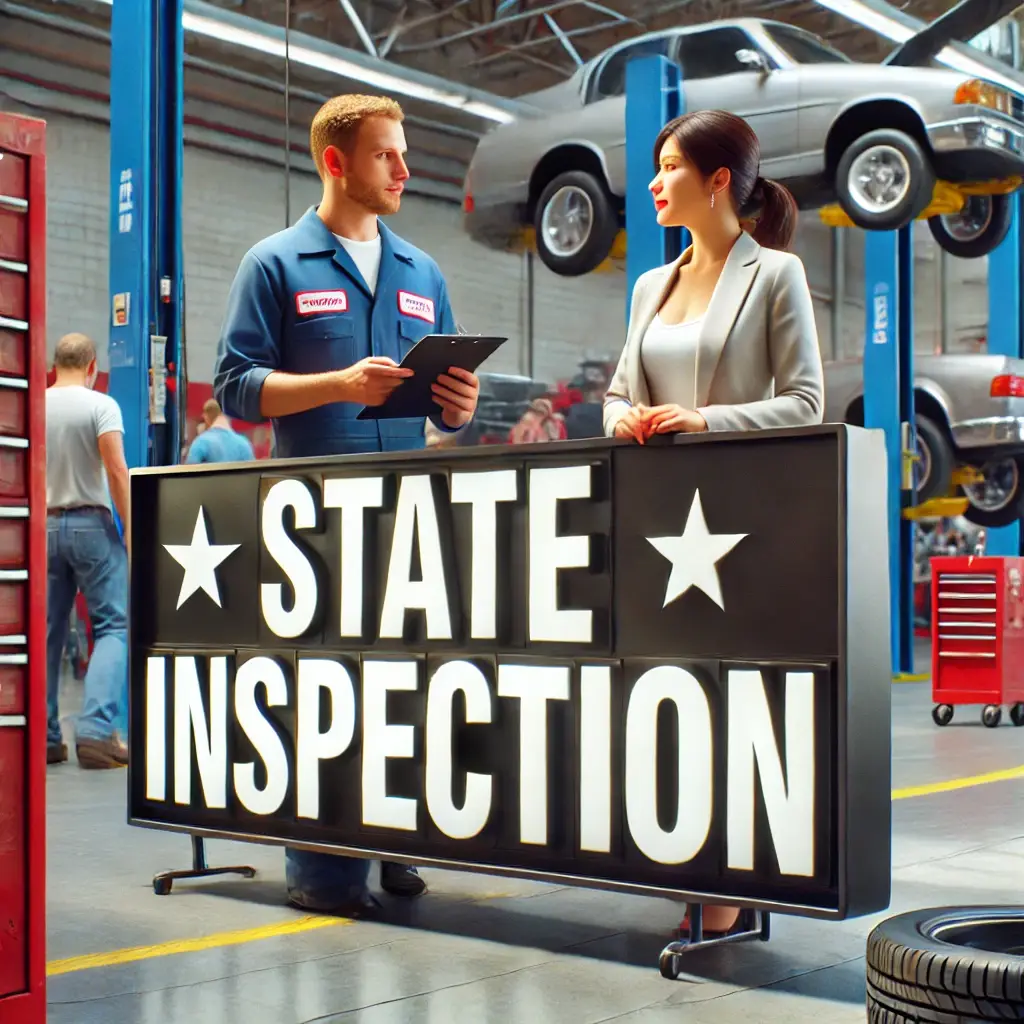 A realistic scene at Mike's Tire in Lewisville with a female customer talking to a male staff member. A large sign in the foreground reads 'STATE INSPECTION' in bold letters
