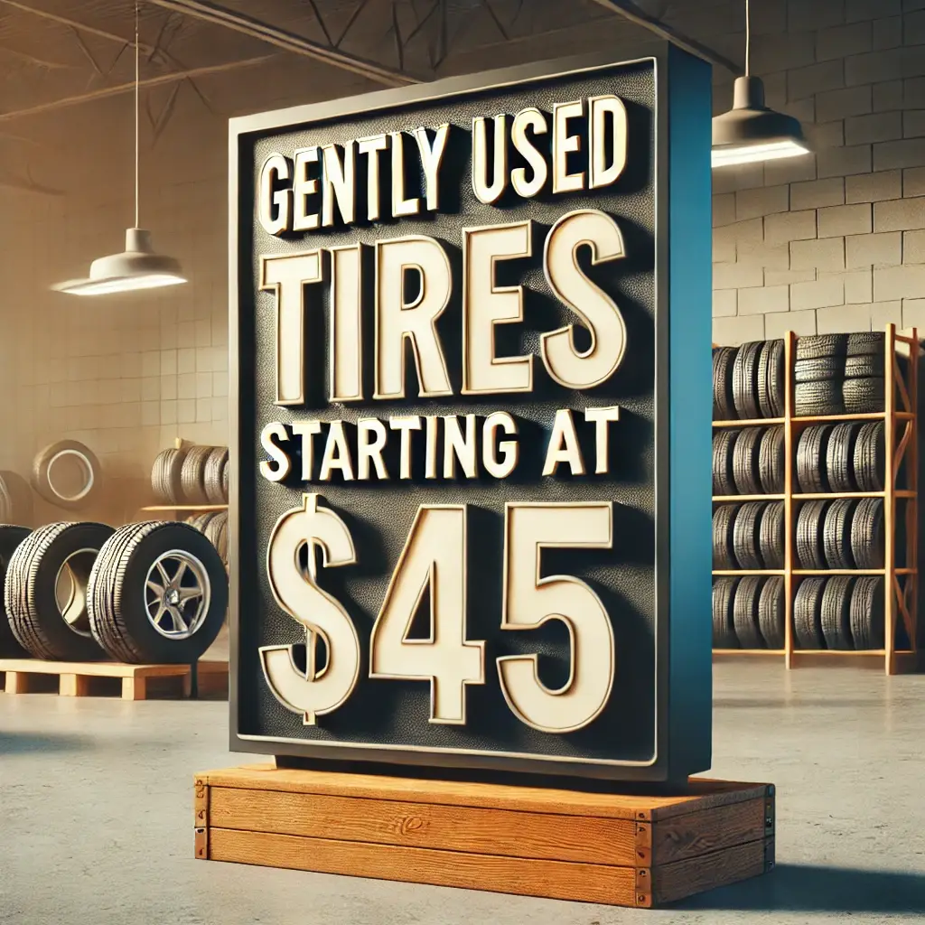 Sign at Mike's Tire in Lewisville advertising gently used tires starting at $45