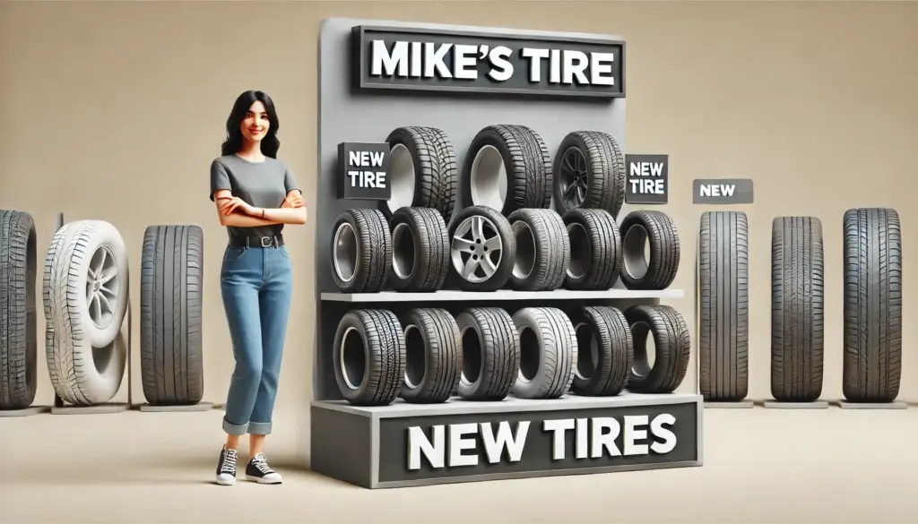 Woman showcasing a variety of new tires at Mike's Tire in Lewisville, TX with the text "Mike's Tire" and "New Tires" prominently displayed.