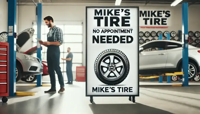 Signboard in Mike's Tire shop with the text "MIKE'S TIRE NO APPOINTMENT NEEDED". A happy customer and a mechanic are working on a car in a well-lit, organized shop.