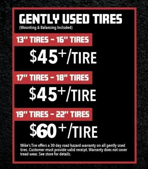 Pricing chart for gently used tires at Mike's Tire in Lewisville with prices starting at $45