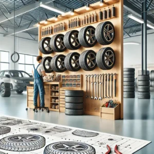 Tire shop in Lewisville, Texas with a clean and organized workspace, displaying a variety of tires and a technician working on a tire.