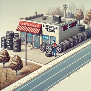 Tire shop in Lewisville, Texas, with a friendly technician showcasing different tires in front of the shop.