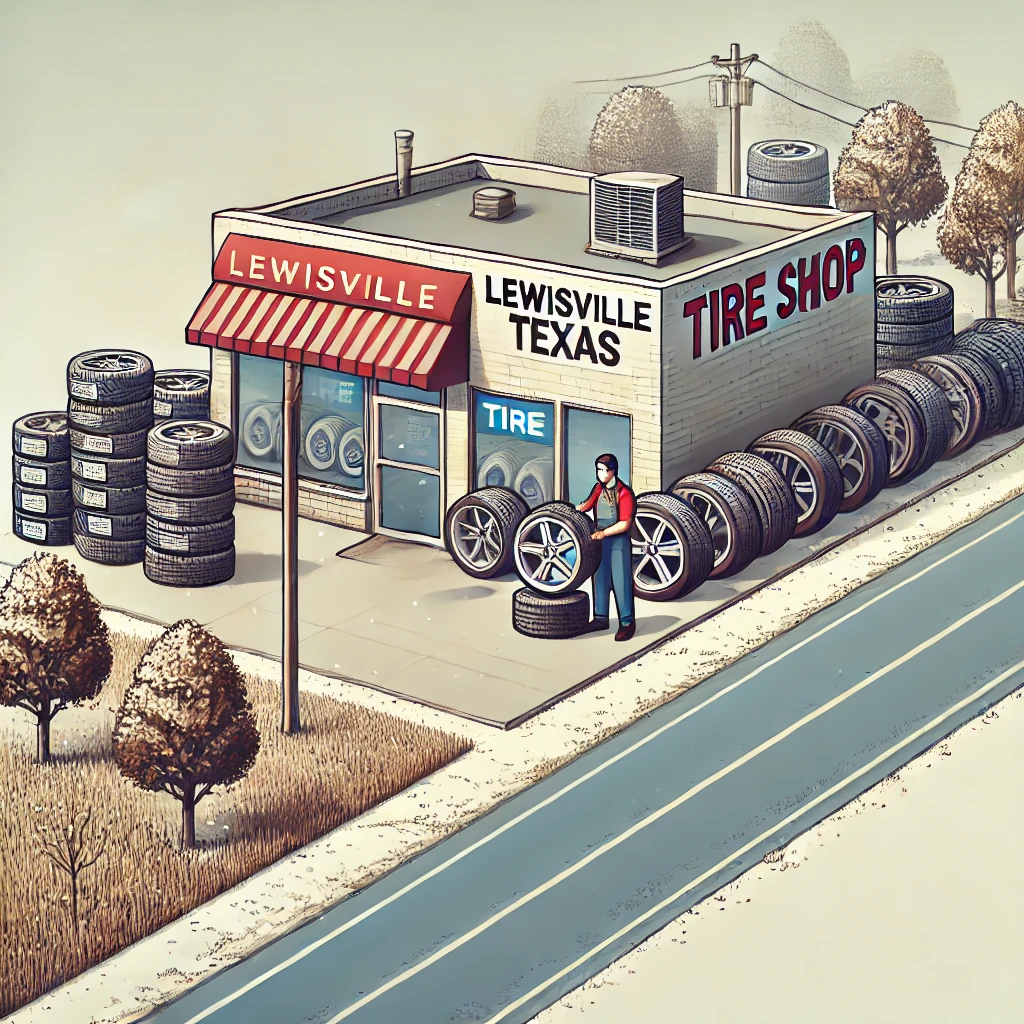 Tire shop in Lewisville, Texas, with a friendly technician showcasing different tires in front of the shop.