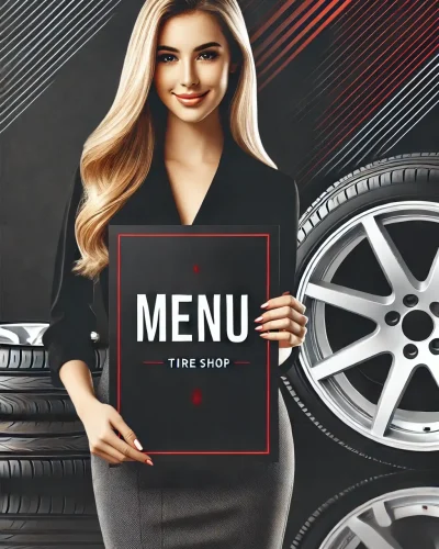 Blonde woman holding a tire shop menu with the words 'MENU Mike's Tire' at Mike's Tire in Lewisville, TX. The menu has a sleek black background with white text and red accents.